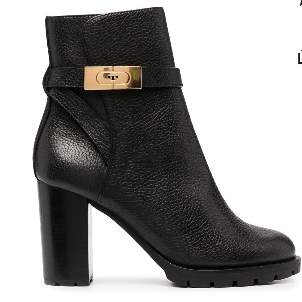 Tory Burch Black Heeled Boots with Gold Accent